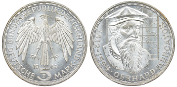 ФРГ 5 марок 1969 F, 375 лет со дня смерти Герарда Меркатора J. 400, KM 126.1 серебро 4178-826