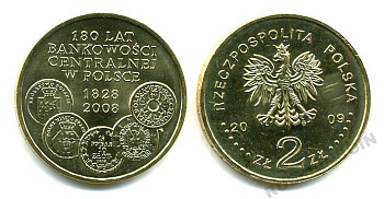 Польша 2 злотых 2009 MW, 180 лет центральному банку Польши KM 675 латунь UNC M5-12