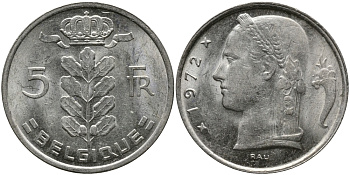 Бельгия 5 франков 1972 Belgique, Бодуэн I (1951-1993) KM 134.1 медно-никель 98-644