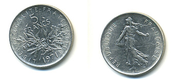 Франция 5 франков 1971 сеятель KM 926a.1, Le Franc 341.3 медно-никель плакированный никелем 80-132