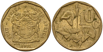 ЮАР 10 центов 1991 цветок KM 135 сталь плакированная латунью 4154-1135
