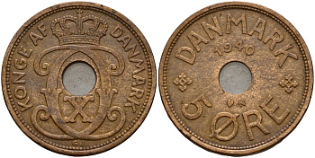 Дания 5 эре 1940 N; GJ, Кристиан X (1912-1947) KM 828 бронза 4187-855