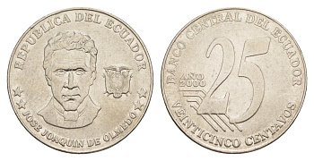 Эквадор 25 сентаво 2000 KM 107 нержавеющая сталь 4641-555
