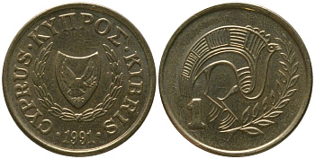 Кипр 1 цент 1991 KM 53.3 никель латунь 4154-911