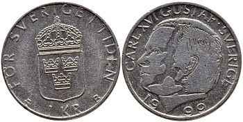 Швеция 1 крона 1999 Карл XVI Густав (1973- ) KM 852a медно-никель 89-1347