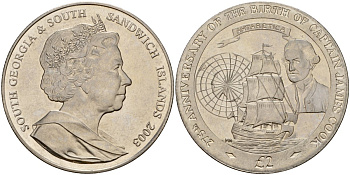 Южная Георгия и Южные Сандвичевы Острова 2 фунта 2003 PM, 275 лет со дня рождения Джеймса Кука KM 18 медно-никель UNC 4125-813