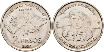 Аргентина 2 песо 2007 25 лет оккупации Фолклендских островов KM 144 медно-никель UNC 4368-532