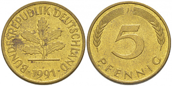 ФРГ 5 ПФЕННИГОВ 1991 J KM 107, J. 382 сталь плакированная латунью 4396-1656
