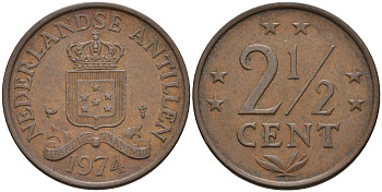Нидерландские Антилы 2 1/2 цента 1974 Юлиана (1948-1980) KM 9 бронза 4595-421