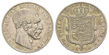 Ганновер 1 талер 1850 B, Эрнст Август (1837-1851) KM 209.2, Daveenport 677, AKS 134 серебро 1523-935