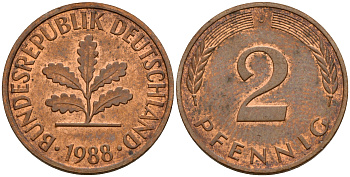 ФРГ 2 пфеннига 1988 J J.381a, KM 106a сталь плакированная медью    4598-922