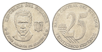 Эквадор 25 сентаво 2000 год-тип KM 107 нержавеющая сталь 4663-356