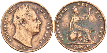 Великобритания 1 фартинг 1835 Вильгельм IV (1830-1837) KM 705, Spink 3848 медь 4543-825