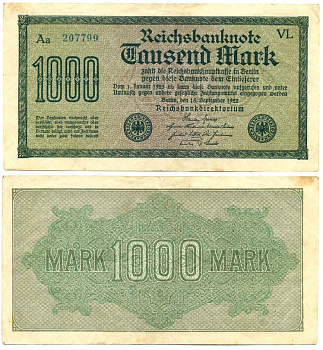 ГЕРМАНИЯ 1000 МАРОК 1922 15 СЕНТЯБРЯ 1922, ВОДЯНОЙ ЗНАК G, БЕЛАЯ БУМАГА Pick 76е бумага 7146-7-1-1