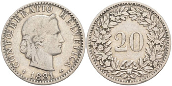 ШВЕЙЦАРИЯ 20 РАППЕНОВ 1881 В KM 29 никель 55-554