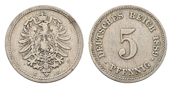 Германия 5 пфеннигов 1889 E, Вильгельм II (1888-1918) KM 3, J. 3 медно-никель 4632-746