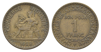 Франция 1 франк 1922 KM 876 алюминиевая бронза 83-721