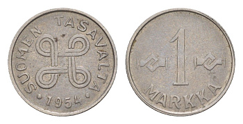 Финляндия 1 марка 1954 KM 36a железо плакированное никелем 4647-431