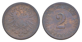 Германия 2 пфеннига 1874 G, Вильгельм I (1871-1888) KM 2, J. 2, Weege 3 медь 4639-1156