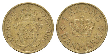 Дания 1 крона 1934 N, Кристиан X (1912-1947) KM 824 алюминиевая бронза 4654-735