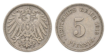 Германия 5 пфеннигов 1913 A, Вильгельм II (1888-1918) KM 11, J. 12 медно-никель 4636-261