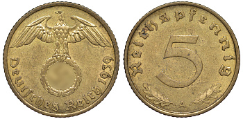 Германия 5 рейхспфеннигов 1939 A KM 91, J. 363 алюминиевая бронза 4602-1259