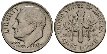 США 10 центов (дайм) 1967 Рузвельт KM 195a медь плакированная медно-никелем 4164-936