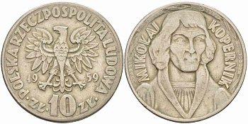 ПОЛЬША 10 ЗЛОТЫХ 1959 НИКОЛАЙ КОПЕРНИК KM 51 медно-никель 109-545