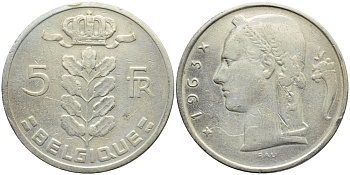 БЕЛЬГИЯ 5 ФРАНКОВ 1963 BELGIQUE KM 134.1 медно-никель 3999-923