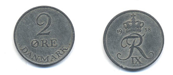 ДАНИЯ 2 ЭРЕ 1958 C; S, ФРЕДЕРИК IX (1947-1972) KM 840.2 цинк 23-1035