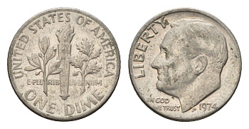 США 10 центов (дайм) 1974 Рузвельт KM 195a медь плакированная медно-никелем 4674-545
