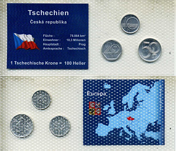 Чехия набор из 3 монет (10, 20 и 50 геллеров) 1993, 1994 и 2006 в красочном блистер, в запайке KM 2.1, 3 и 6 UNC 4-3-2-51