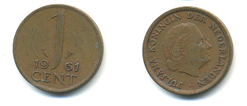 Нидерланды 1 цент 1961 Юлиана (1948-1980) КМ 180 бронза 83-931
