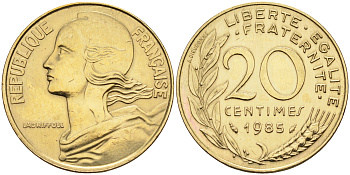 Франция 20 сантимов 1985 тип Marianne KM 930 медь алюминий никель    4177-126