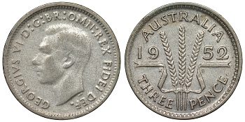 Австралия 3 пенса 1952 m, Георг VI (1937-1952), без букв KM 44 серебро 71-361