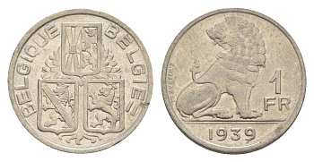 Бельгия 1 франк 1939 Belgique - Belgie, Леопольд III (1934-1947) KM 119 никель 4619-1112