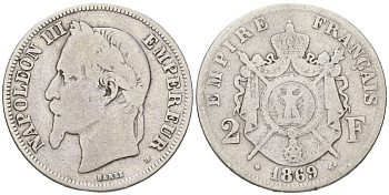 Франция 2 франка 1869 BB, Наполеон III (1852-1870) KM 807.2 серебро 4616-541