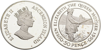 Остров Вознесения 50 пенсов 1995 95 лет со дня рождения Королевы Матери, на рыбалке, вес 56,36 гр., пьедфорт, тираж 500 экземпляров KM P1 серебро PROOF 11-080-41