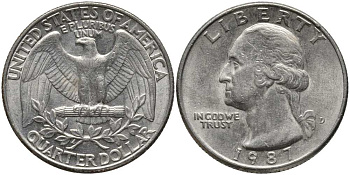 США 25 ЦЕНТОВ = КВОТЕР 1987 D, ВАШИНГТОН KM А164а медь плакированная медно-никелем 113-533