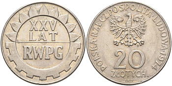 Польша 20 злотых 1974 MW, 25 лет Совету экономической взаимопомощи KM 70, Parchimowicz 247 медно-никель 4531-133