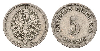 Германия 5 пфеннигов 1876 D, Вильгельм I (1871-1888) KM 3, J. 3 медно-никель 4632-638