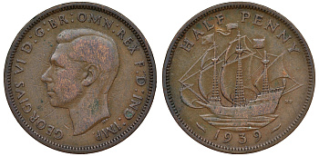 Великобритания 1/2 пенни 1939 Георг VI (1936-1952) KM 844, Spink 4115 бронза 62-842