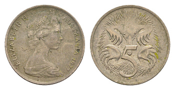 Австралия 5 центов 1977 Елизавета II (1952-2022) молодой портрет, ехидна KM 64 медно-никель 4152-251