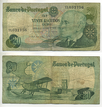 Португалия 20 эскудо 1978 Гагу Коутинью, биплан Fairey III III-MKII Pick 176 a бумага 7552-38-3