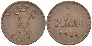 РОССИЯ ДЛЯ ФИНЛЯНДИИ 1 ПЕННИ 1916 НИКОЛАЙ II (1895-1917) KM 13, Биткин 476 медь 211-1045