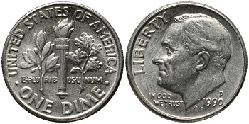 США 10 ЦЕНТОВ = 1 ДАЙМ 1990 Р, РУЗВЕЛЬТ KM 195а медь плакированная медно-никелем 112-646