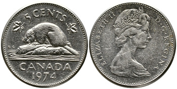Канада 5 центов 1974 бобр, Елизавета II (1952-) KM 60.1 никель 4543-642