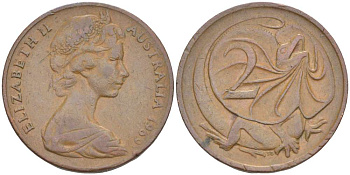 АВСТРАЛИЯ 2 ЦЕНТА 1969 ЕЛИЗАВЕТА II (1953-), ЕЛИЗАВЕТА II, МОЛОДОЙ ПОРТРЕТ, ПЛАЩЕНОСНАЯ ЯЩЕРИЦА (FRILLED LIZARD) KM 63 бронза 4519-435