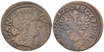 Польша 1 солид (шелаг, шиллинг) 1660 Ян II Казимир Ваза (1649-1668), боратынка, вес 1,42 гр. KM 110 медь 66-212