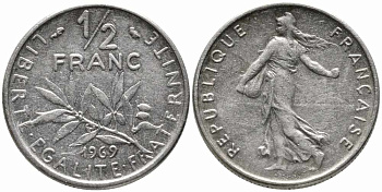 ФРАНЦИЯ 1/2 ФРАНКА 1969 СЕЯТЕЛЬ KM 931.1 никель 85-757
